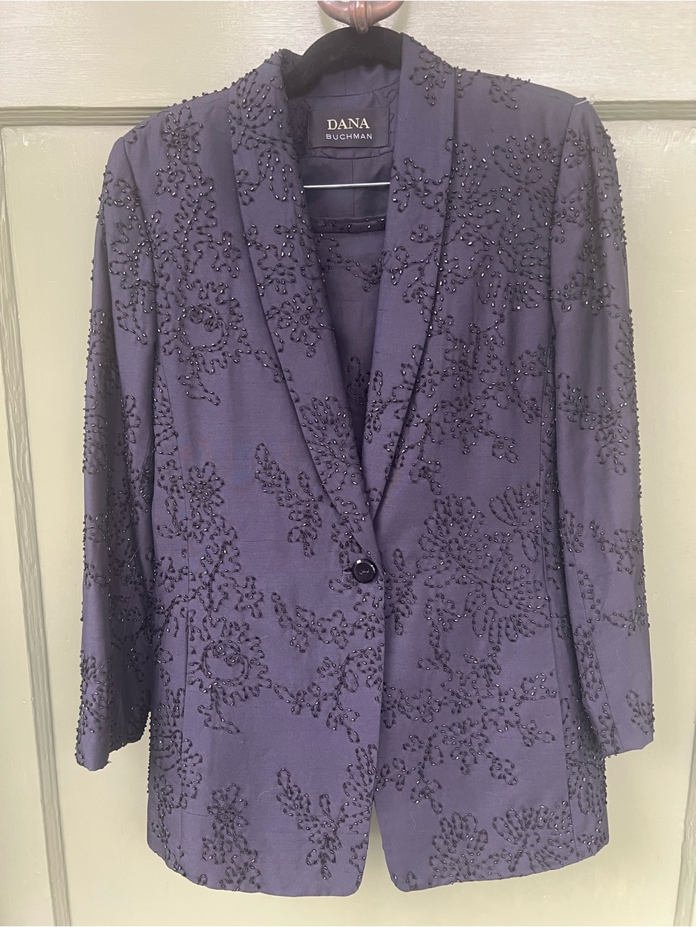 Dana Buchman Navy 100% Silk Beaded Blazer and Pencil Skirt Set